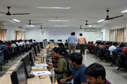 Candidates at computers in a computer lab during a computer-based exam