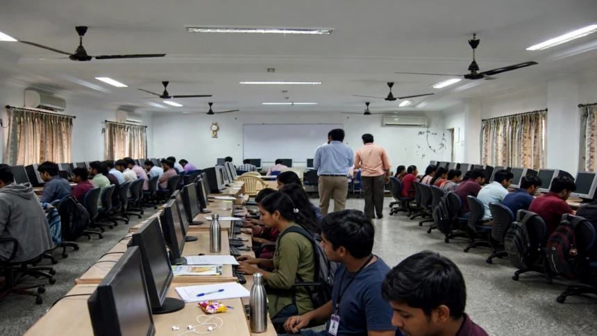Candidates at computers in a computer lab during a computer-based exam