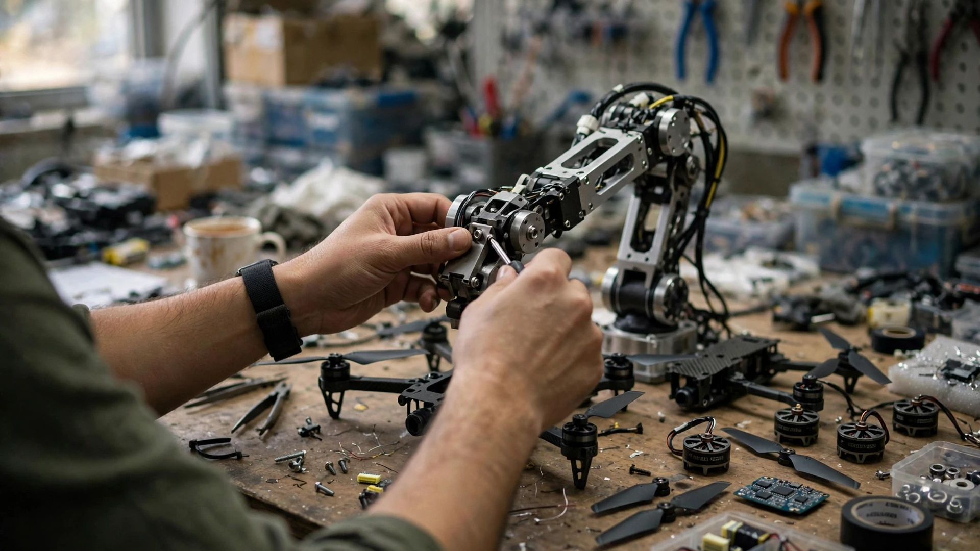 Engineers working on a robotics prototype in a deeptech workshop