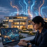 AI engineer working on futuristic technology in front of a government building, representing the UP AI Mission