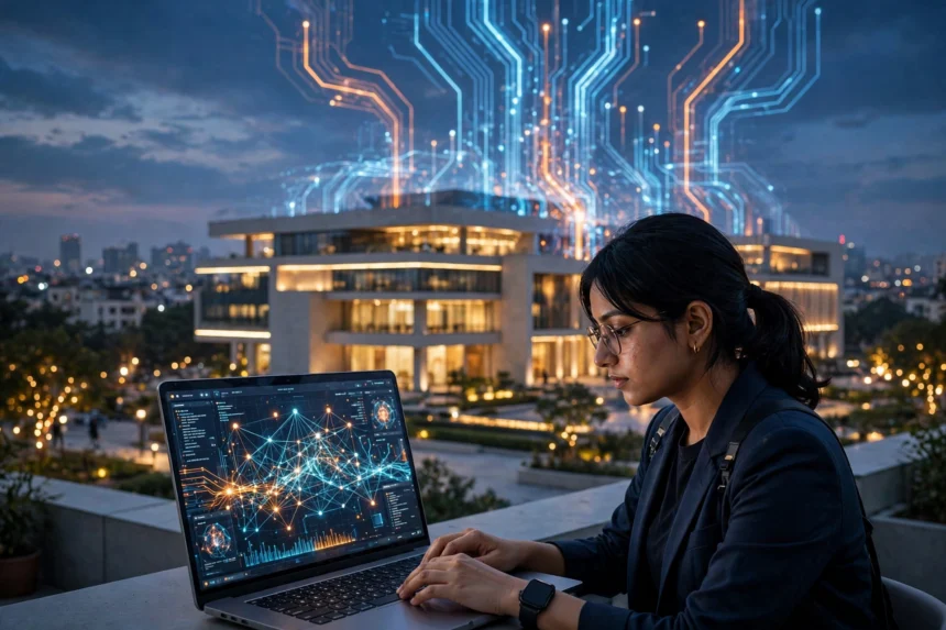 AI engineer working on futuristic technology in front of a government building, representing the UP AI Mission