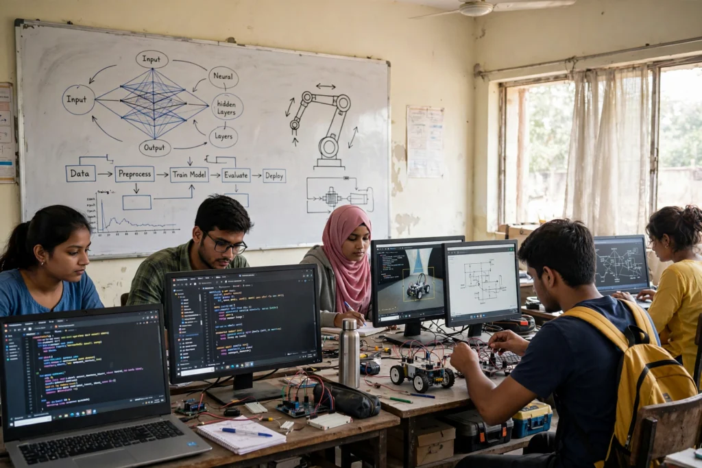 Students learning AI skills at a training centre in Uttar Pradesh under the UP AI Mission