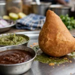 Samosa with green and red chutney at a street food stall. AI image grounded in a real photo by Thamizhpparithi Maari, Wikimedia Commons, CC BY-SA 4.0.