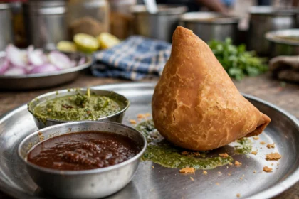 Samosa with green and red chutney at a street food stall. AI image grounded in a real photo by Thamizhpparithi Maari, Wikimedia Commons, CC BY-SA 4.0.