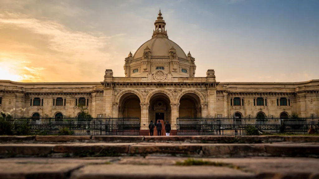 Vidhan Bhavan, Lucknow. AI image grounded in a real photo by Mohammad Azahar / Wikimedia Commons (CC BY-SA 4.0).