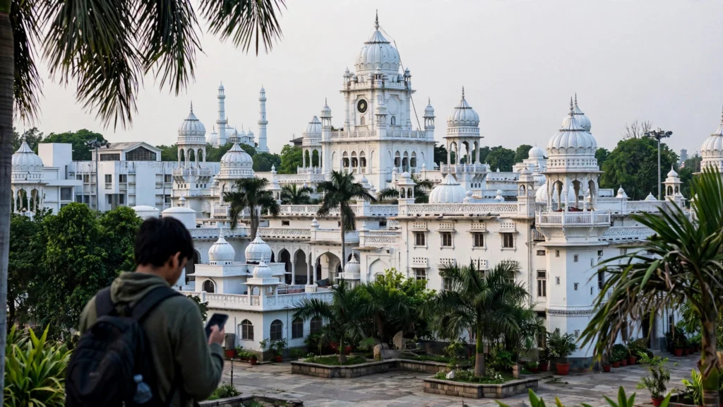 Medical university building in Lucknow, with a student checking a phone in the foreground