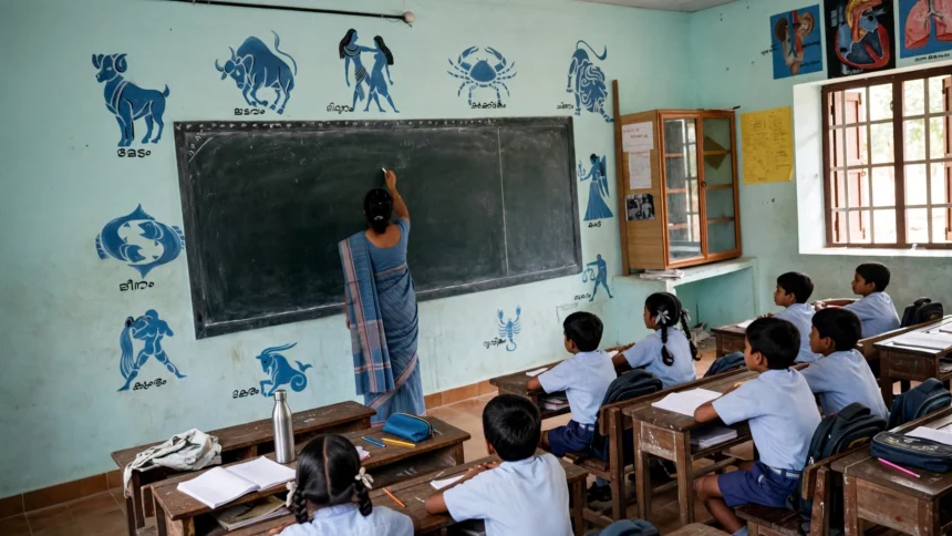 Government primary school classroom in India, teacher at the blackboard.