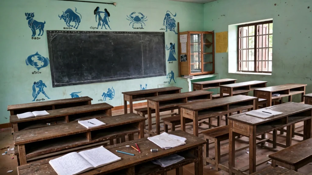 Empty government primary school classroom with desks and notebooks.