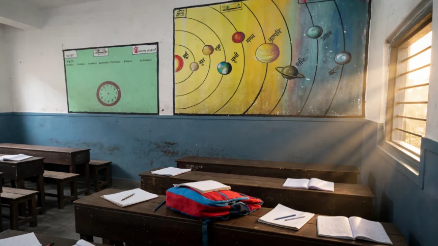 Indian school classroom in warm morning light, desks with notebooks and school bags, planets wall chart. Classroom reference photo: Anindya202414 / Wikimedia Commons (CC BY-SA 4.0), background composite