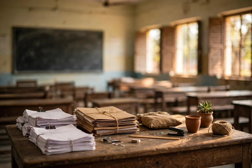 A teacher's desk stacked with application forms inside an Indian classroom, chalkboard in the background