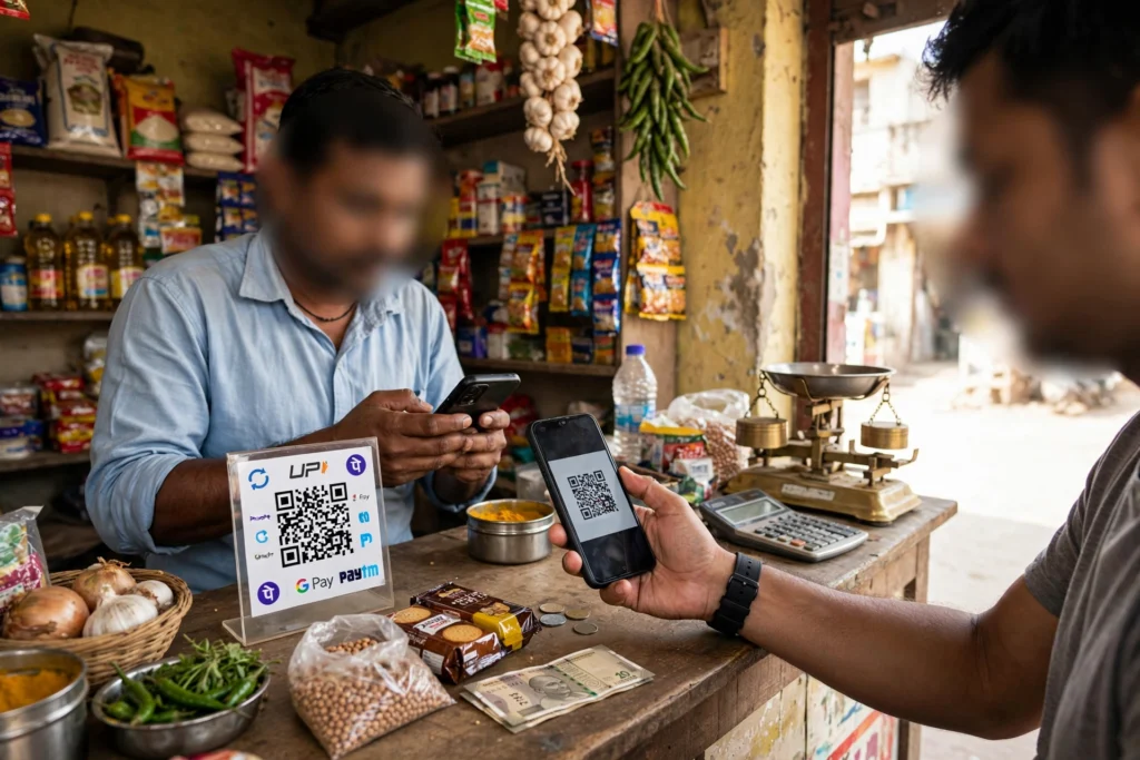 Shopkeeper scanning a customer's phone to accept a UPI payment at a market checkout