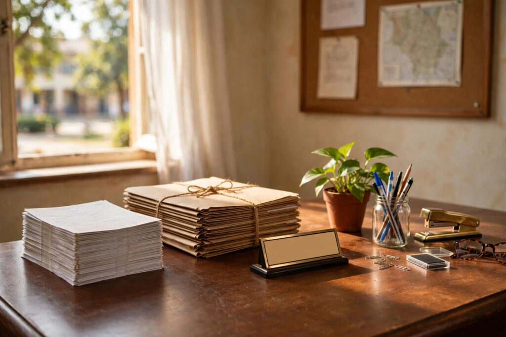 A school principal's desk with application files and admit cards