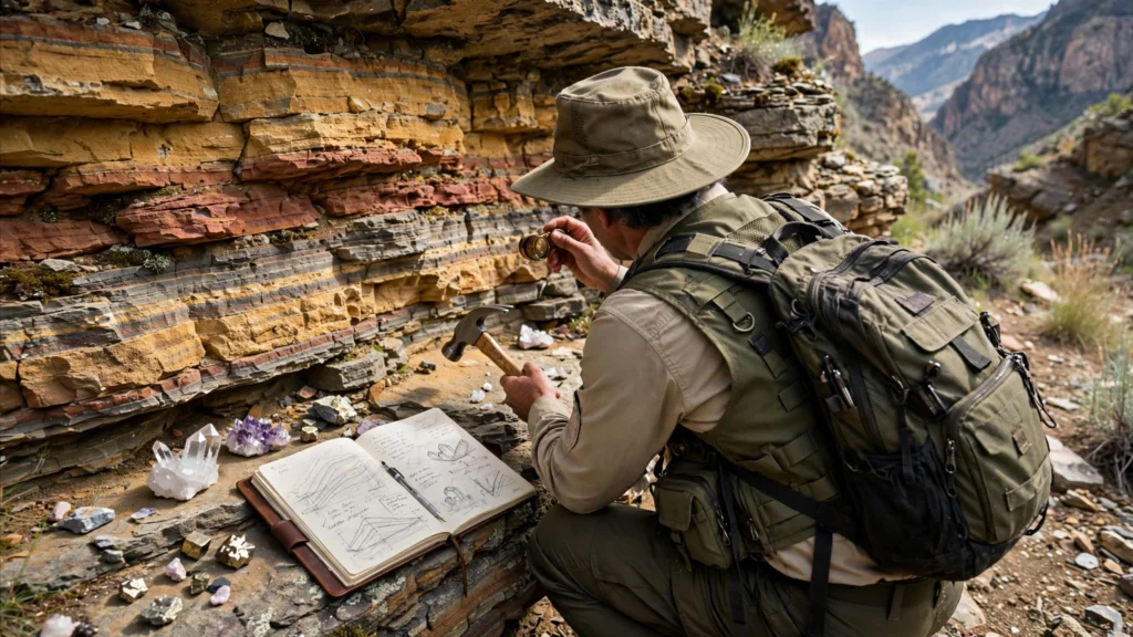 A geologist examining rock strata during fieldwork. Illustration: Informeia