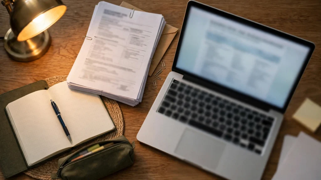 Aspirant's desk with laptop and application documents while checking a result online (illustrative)