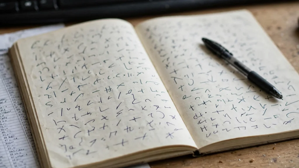 Shorthand notebook and keyboard on an office desk