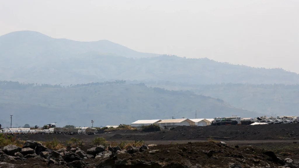 Hills above Goma, eastern Democratic Republic of Congo, with UN tents and vehicles.