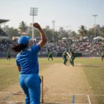 India women's cricketer bowling in Vadodara during the third ODI against Zimbabwe