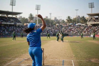 India women's cricketer bowling in Vadodara during the third ODI against Zimbabwe