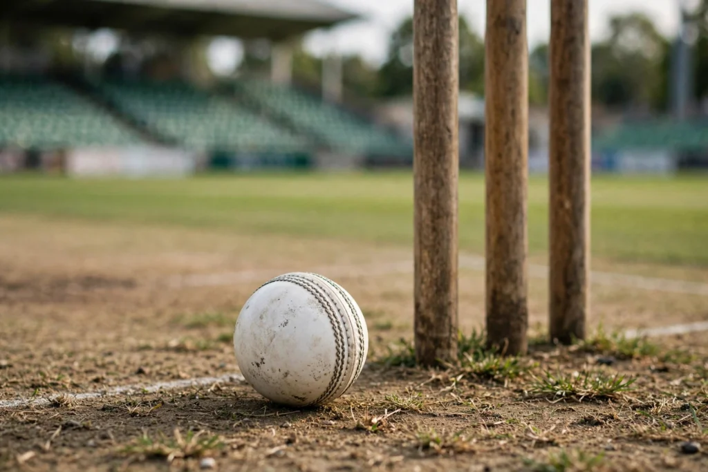 White cricket ball beside the stumps on the pitch in Vadodara