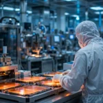 Engineer in a cleanroom suit working on silicon wafers at a semiconductor fabrication plant