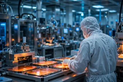 Engineer in a cleanroom suit working on silicon wafers at a semiconductor fabrication plant