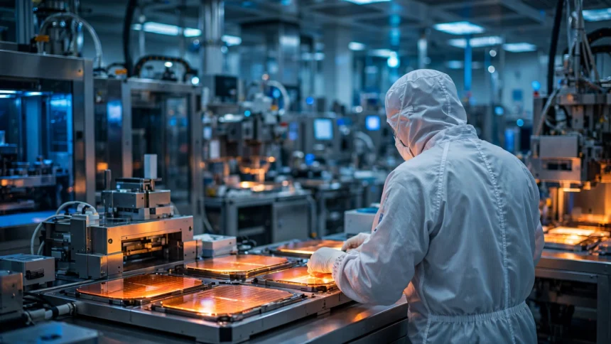Engineer in a cleanroom suit working on silicon wafers at a semiconductor fabrication plant