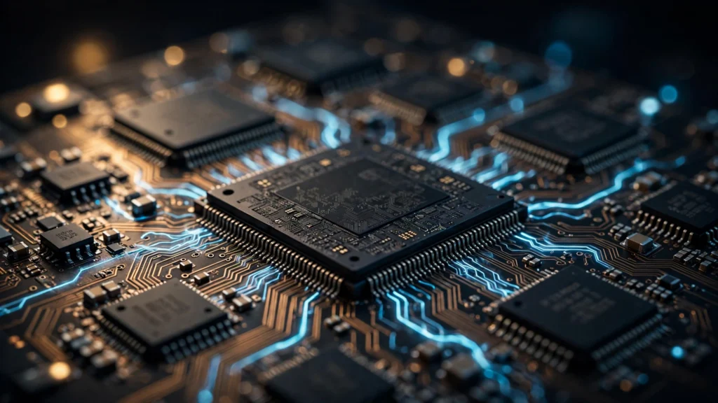 Close-up of microchips on a circuit board
