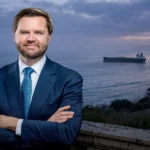 US Vice President JD Vance, with an oil tanker in the Strait of Hormuz in the background. Photo: Daniel Torok / White House via Wikimedia Commons (background composite).