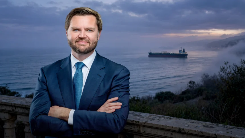 US Vice President JD Vance, with an oil tanker in the Strait of Hormuz in the background. Photo: Daniel Torok / White House via Wikimedia Commons (background composite).