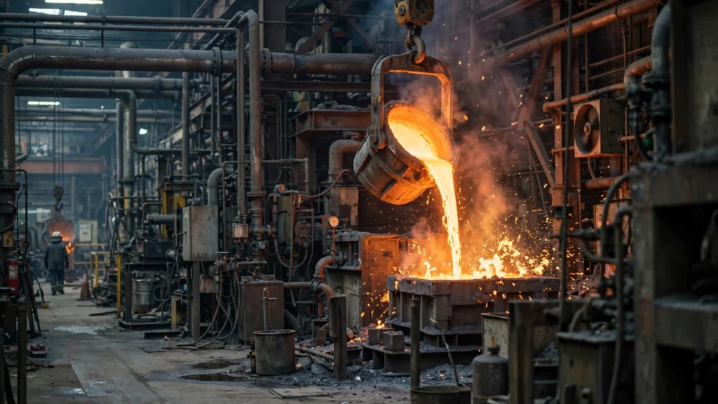 Molten metal being poured inside a metals plant, with sparks and industrial machinery around the furnace