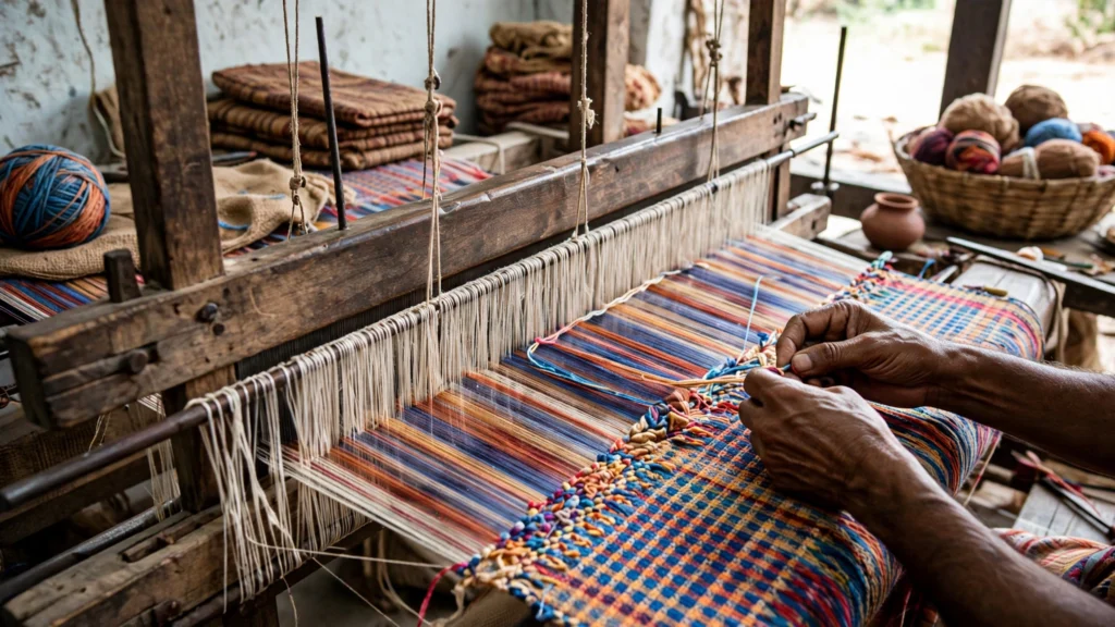 Artisans displaying handwoven textiles, pottery and festive crafts at a busy Indian market stall