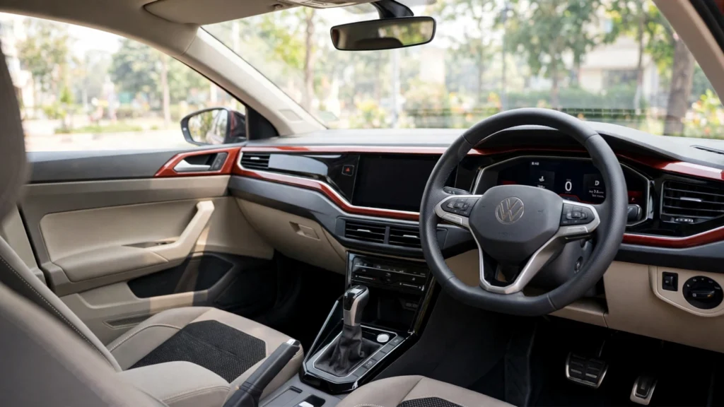 Volkswagen Virtus cabin with touchscreen and digital instrument cluster.
