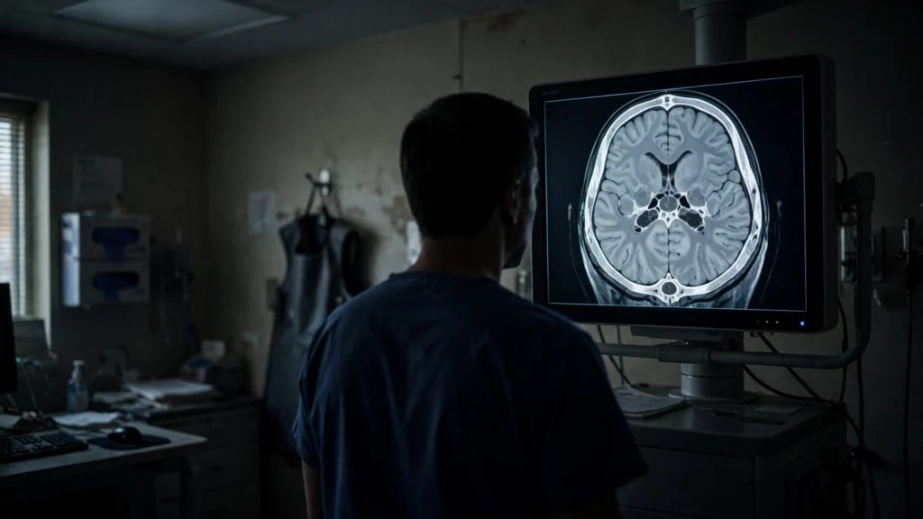 A doctor studying a brain scan on a monitor in a hospital radiology room