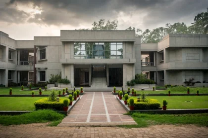 XLRI Jamshedpur campus building. Reference photo: Rajukan / Wikimedia Commons (CC BY-SA 3.0); AI-generated editorial composite background