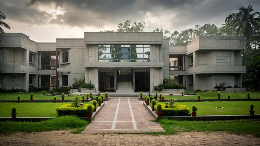XLRI Jamshedpur campus building. Reference photo: Rajukan / Wikimedia Commons (CC BY-SA 3.0); AI-generated editorial composite background