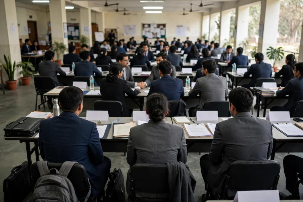 Campus placement interview hall at an Indian business school, students in formal suits facing recruiter panels during summer internship placements