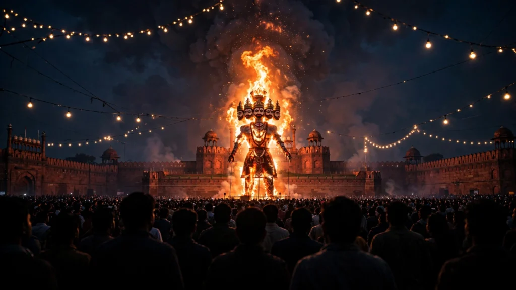 Ravan effigy burning at Delhi's Red Fort ground during the Luv Kush Ramleela Dussehra celebrations.