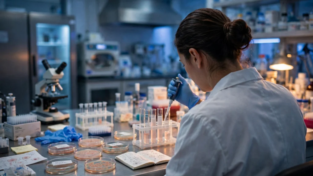 A cancer researcher examining samples in a modern oncology laboratory