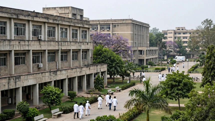PGIMER Chandigarh campus, doctors in white coats walking between institute buildings