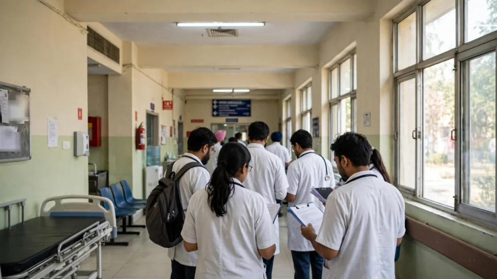 Doctors in white coats in a teaching hospital corridor at PGIMER Chandigarh