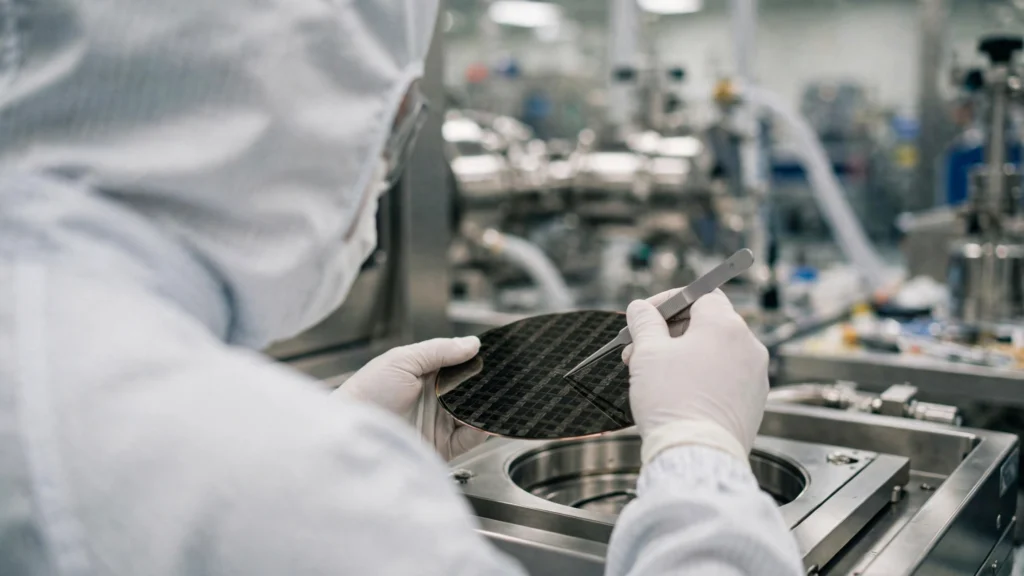 A technician handling a silicon wafer inside a semiconductor fabrication facility (illustrative image)